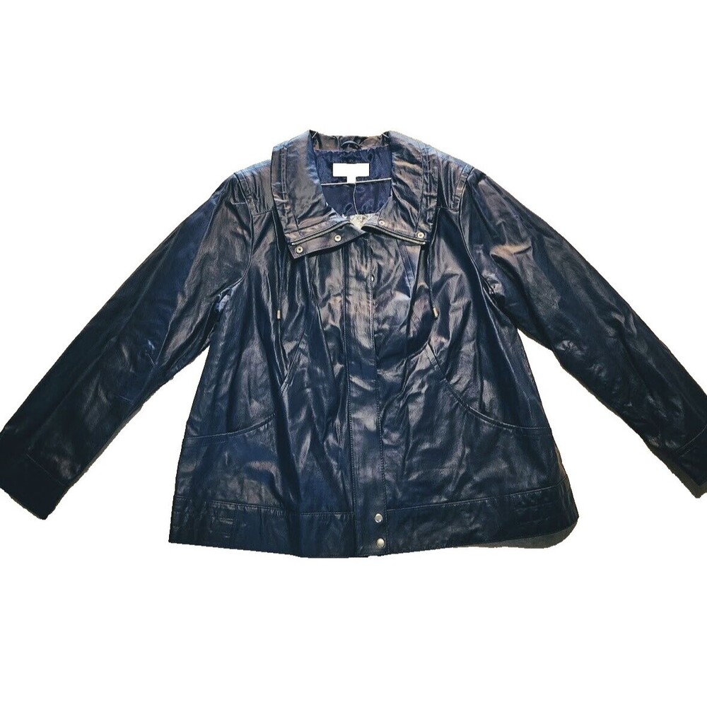Bradley Bayou Women's Sz 1x Blue Leather Lined Jacket NWT Full Zip Snaps Pockets